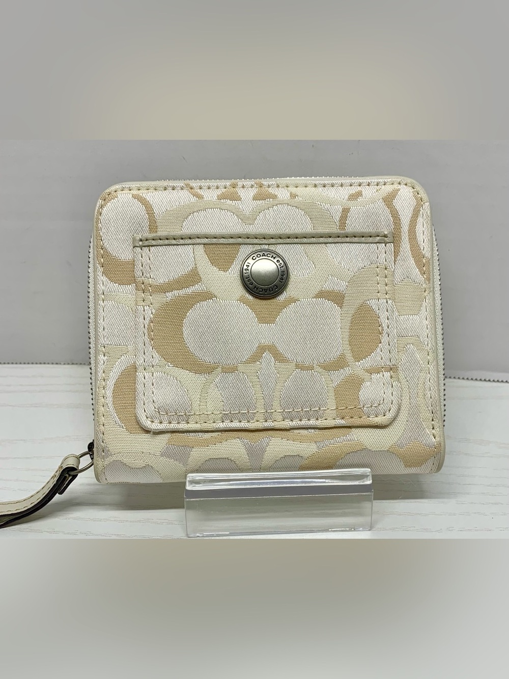 Coach Signature Zip Around Wallet Wristlet Khaki Ivory Snap Pocket - Picture 2 of 9